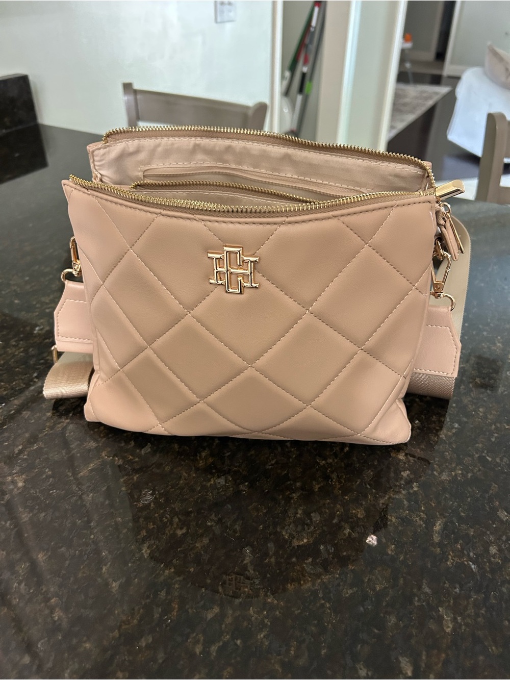 Quilted Crossbody Bag in Blush Pink with Gold Logo Hardware